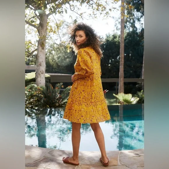 Roller Rabbit Mustard Floral Tassel Tie Dress Large Cotton India - Picture 2 of 13